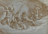 Apparition of Saint Andrew in Glory, Giulio Romano (Italian, Rome 1499?–1546 Mantua), Pen and brown ink, brush and brown wash, highlighted with white gouache, on blue paper; partially squared in black chalk
