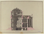 Project for a Domed Building with Colonnaded Façade, Anonymous, French, 18th century, Pen and black ink, brush and gray and pink wash; scale in pieds at bottom