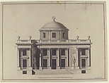 Project for a Domed Building with Colonnaded Façade, Anonymous, French, 18th century, Pen and black ink, brush and gray wash; scale in pieds at bottom