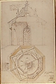 Plan of the Roof and Section of a Pavilion in the Gardens of the Château de Saint-Cloud (recto); Study for the Exterior with Partial Plan of the Pavilion (verso), Pierre Contant d&#39;Ivry (French, Ivry-sur-Seine 1698–1777 Paris), Pen and brown and gray ink, brush and brown wash over traces of black chalk (recto); black chalk (verso)