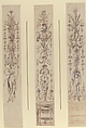 Three Designs for Panels of Arabesques, Anonymous, French, 18th century, Pen and black and brown ink, brush and gray wash, over graphite