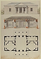 Plan, Elevation, and Section for a Single Story Pavilion, Anonymous, French, 18th century, Pen and black and gray ink, brush and gray, yellow, orange, and green wash