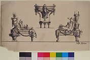 Three Designs for Architectural Trophies, Style of Jean Charles Delafosse (French, Paris 1734–1789 Paris), Pen and black ink, brush and gray wash, over graphite underdrawing