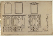 Design for Choir Stalls, Anonymous, French, 18th century, Pen and black ink, brush and gray wash, over graphite. Scale in pieds at bottom