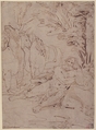 Unidentified Subject:  Reclining Nude Male Figure and Cattle, Giovanni Angelo Canini (Italian, Rome ca. 1609-17–1666 Rome), Pen and brown ink (recto); illegible black chalk notations (verso)