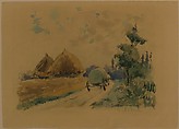 Landscape with Wagon and Haystacks, Zacharie Astruc (French, Angers 1833–1907 Paris), Watercolor