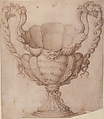 Design for a Decorated Drinking Cup with Floriated Heads around Large Mouth, Intertwined Serpents as Handles, Giulio Romano (Italian, Rome 1499?–1546 Mantua), Pen and brown ink, brush and brown wash over traces of black chalk; small corrections in white gouache