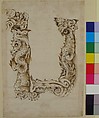 Half of a Cartouche with Monsters, Attributed to Quentin Pierre Chedel (French, Châlons-en-Champagne 1705–1763 Châlons-en-Champagne), Pen and brown ink with brush and brown wash with black chalk underdrawing