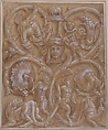 Design for an Ornamental Panel with Rinceaux, Satyrs, Putti, Monsters and a Human Head, Attributed to Giulio Campi (Italian, Cremona 1502–1572), Pen and brown ink, brush and brown wash on brown ink washed paper, highlighted with white gouache