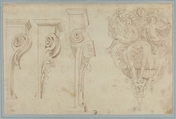 Design for Three Consoles Decorated with Foliage and Volutes and a Console with a Satyr Head Surmounted by Three Human Figures, Garland and Foliage, Attributed to Agostino (Stanzani) Mitelli (Italian, Battidizzo (Bologna) 1609–1660 Madrid), Pen and brown ink over some traces of leadpoint