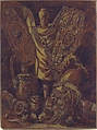 Design for a Military Trophy, Attributed to Jean Jacques Lagrenée (French, Paris 1739–1821 Paris), Pen and black ink, brush and brown wash, yellow gouache