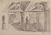 Sketch of a Palace's Interior's Foreshortening with Stairs, Statues and Ornaments, Giuseppe Bernardino Bison (Italian, Palmanova 1762–1844 Milan), Pen and black ink, brush and gray wash over traces of black chalk
