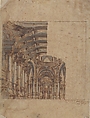 Framed Unfinished Design of a Baroque Church Interior, Attributed to Giovanni Maria Galli Bibiena, the Younger (Italian, died 1769), Pen and brown ink, brush and gray-blue and brown wash over traces of graphite