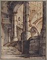 Framed Design for a Stage Set, Attributed to Mauro Berti (Italian, Bologna 1772–1842 Bologna), Pen and brown ink, brush and gray and brown wash, over graphite
