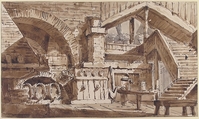 Design for a Stage Set Showing Interior of Rustic Kitchen (