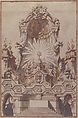 Framed Design for an Altar, Giuseppe Galli Bibiena (Italian, Parma 1696–1756 Berlin), Pen and brown ink, brush and brown and gray wash over traces of leadpoint, on cream laid paper; vertical line in leadpoint trough the center to create the symmetry of the design