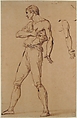 Standing Man with His Right Hand on His Chest, François André Vincent (French, Paris 1746–1816 Paris), Pen and brown ink, brush and brown wash, over red chalk on tan paper. Traces of squaring in graphite and red chalk.