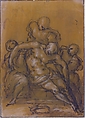 The Dead Christ Supported by Three Figures, Giovanni Battista Naldini (Italian, Florence 1535–1591 Florence), Pen and brown ink, brush and brown wash, highlighted with white, over black chalk, on brown-washed paper