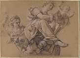 Allegorical Figures for a Ceiling Decoration, Michel Corneille the Elder (French, Orléans 1602–1664 Paris), Black chalk, heightened with white chalk, on beige paper.