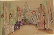 Drawing of an Interior: Bedroom, Anonymous, French, 19th century, Graphite, pen and blue ink, watercolor