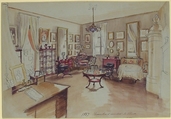 Drawing of an Interior: Chambre à coucher, Anonymous, French, 19th century, Graphite, pen and blue ink, watercolor