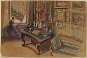 Drawing of an Interior: Salon, Anonymous, French, 19th century, Pen and blue ink, watercolor, heightened with white