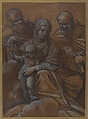 The Virgin and Child with Two Male Saints, Giacomo Cavedone (Italian, Sassuolo 1577–1660 Bologna), Charcoal, brush and brown wash, white oil paint, on brown paper
