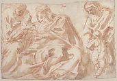 The Holy Family with Saint Elizabeth and the Infant Baptist, Cesare Pollino (Cesare dal Francia or Franchi) (Italian, Perugia ca. 1560–1598 Rome), Pen and brown ink, brush and brown wash, over red chalk