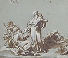 Scene with Four Figures of Monks Discoursing, Paolo Gerolamo Piola (Italian, Genoa 1666–1724 Genoa), Brush and brown wash, highlighted with white, over charcoal, on blue-gray paper