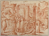 Scenes from the Life of Saint Anthony Abbot, Giovanni Battista Lombardelli (Giovanni Battista della Marca, "Il Montano") (Italian, Ostra Vetere (Montenuovo) 1532–1587 Perugia), Pen and brown ink, red chalk, brush and red wash. Traces of squaring in black chalk