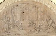 Saint Antoninus Kneeling before the Crucifix in Orsanmichele, Florence, Bernardino Poccetti (Italian, San Marino di Valdelsa 1548–1612 Florence), Charcoal and brush and pale brown wash on beige paper; squared in red chalk