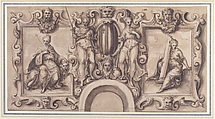 Design for a Wall Decoration over an Arched Doorway with Grimani Arms, Bernardino India (Italian, Verona 1528–1590 Verona), Pen and brown ink, brush and brown wash