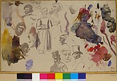 Studies of male heads and a standing male figure, Eugène Delacroix (French, Charenton-Saint-Maurice 1798–1863 Paris), Brush and gray wash, watercolor on laid paper