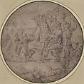The Head of Pompey Presented to Caesar, Anonymous, French, 16th century, Pen and gray ink, brush and pale gray wash; framing lines in brush and dark green wash