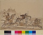 Combat of Oriental Horsemen, Théodore Gericault (French, Rouen 1791–1824 Paris), Brush and brown wash, over graphite