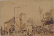 Farm House by a River with Figures, Louis Gabriel Moreau (French, Paris 1740–1806 Paris), Pen and brown ink, brush and watercolor, over black chalk.