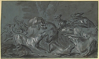 Pack of Dogs Attacking a Wild Boar, Jean-Baptiste Oudry  French, Point of brush and black, gray, and red-brown wash, heightened with white, over black chalk on blue paper