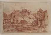 Landscape With a Farmyard, Thatched-Roofed Buildings and a Peasant Woman, Anonymous, French, 18th century  French, Red chalk