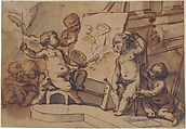 Allegory of Painting with Putti, Anonymous, French, 18th century, Pen and brown ink, brown and gray wash over black chalk; verso:  faint black chalk sketches