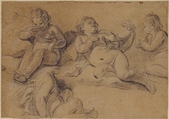 Four Studies of a Nude Child, Joseph François Parrocel  French, Black chalk, heightened with white on beige paper