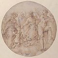 Three Allegorical Figures in a Roundel, Battista Franco (Italian, Venice ca. 1510–1561 Venice), Pen and brown ink, brush and brown wash (recto); black chalk lines (verso)