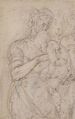 Standing Virgin with Child, Two Heads at Upper Right (recto); Sketch of Steps (verso), Battista Franco (Italian, Venice ca. 1510–1561 Venice), Pen and brown ink, over black chalk (recto); pen sketch of steps (?) (verso)