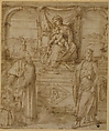 Madonna and Child Enthroned with Saint Basil the Great and Saint John the Baptist and Donor, Niccolò dell&#39; Abate (Italian, Modena 1509–1571 Fontainebleau (?)), Pen and brown ink, brush and brown wash. Mounted on board