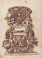 Ornamental Motif Surmounted by a Coat of Arms, Leonardo Scaglia (Italian, documented Perugia, Ancona, 1640–1650), Pen and brown ink, brown wash