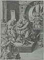The Virgin and Child with the Infant Baptist, Saint Elizabeth, a Kneeling Prelate, and Three Attendant Angels, Francesco Pinna (Italian, Alghero documented 1595–1632), Pen and black ink, brush and gray wash, highlighted with white on blue washed paper