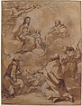The Holy Family Appearing to St. Francis, St. Augustine, and St. Roch, Charles Joseph Natoire (French, Nîmes 1700–1777 Castel Gandolfo), Pen and brown ink, brush and brown wash, heightened with white over black chalk.