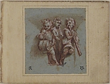 Design for a Pendentive:  Youthful Musicians with Wind Instruments and a Drum, Pomponio Amalteo (Italian, Molta di Livenza 1505–1588 San Vito al Tagliamento), Pen and brown ink, brush and brown wash, highlighted with white, over red chalk, on blue paper