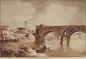 A View of the Tiber from the North Bank, with the Temple of Vesta, the Campanile of S. Maria in Cosmedin and the Ponte Rotto, Achille-Etna Michallon (French, Paris 1796–1822 Paris), Brush and brown wash over traces of  black chalk. Framing lines in pen and brown ink.