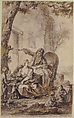 Young Father Distressed by His Growing Family, Louis Joseph Watteau, called Watteau de Lille (French, Valeciennes 1731–1798 Lille), Pen and brownish-gray ink, brush and brown wash over black chalk. A horizontal strip 1.5 cm in height has been added at lower margin and the drawing continued in the same hand.