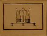 Design for a Cruet Frame, Henri Auguste (French, Paris 1759–1816 Port-au-Prince), Pen and brown ink, brush and gray and gray-green wash, traces of graphite underdrawing, with framing lines in pen and brown ink